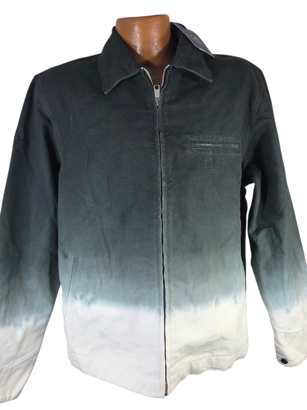 FLAN Dip Dye Bomber Jacket Black White Lined Embroidered Zipper Men's Size L